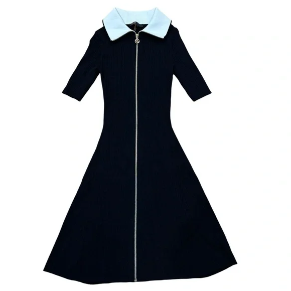 MAJE dress two tone Black Ribbed full gold zip contrast collar FR 34 US 0 XS - Picture 7 of 15